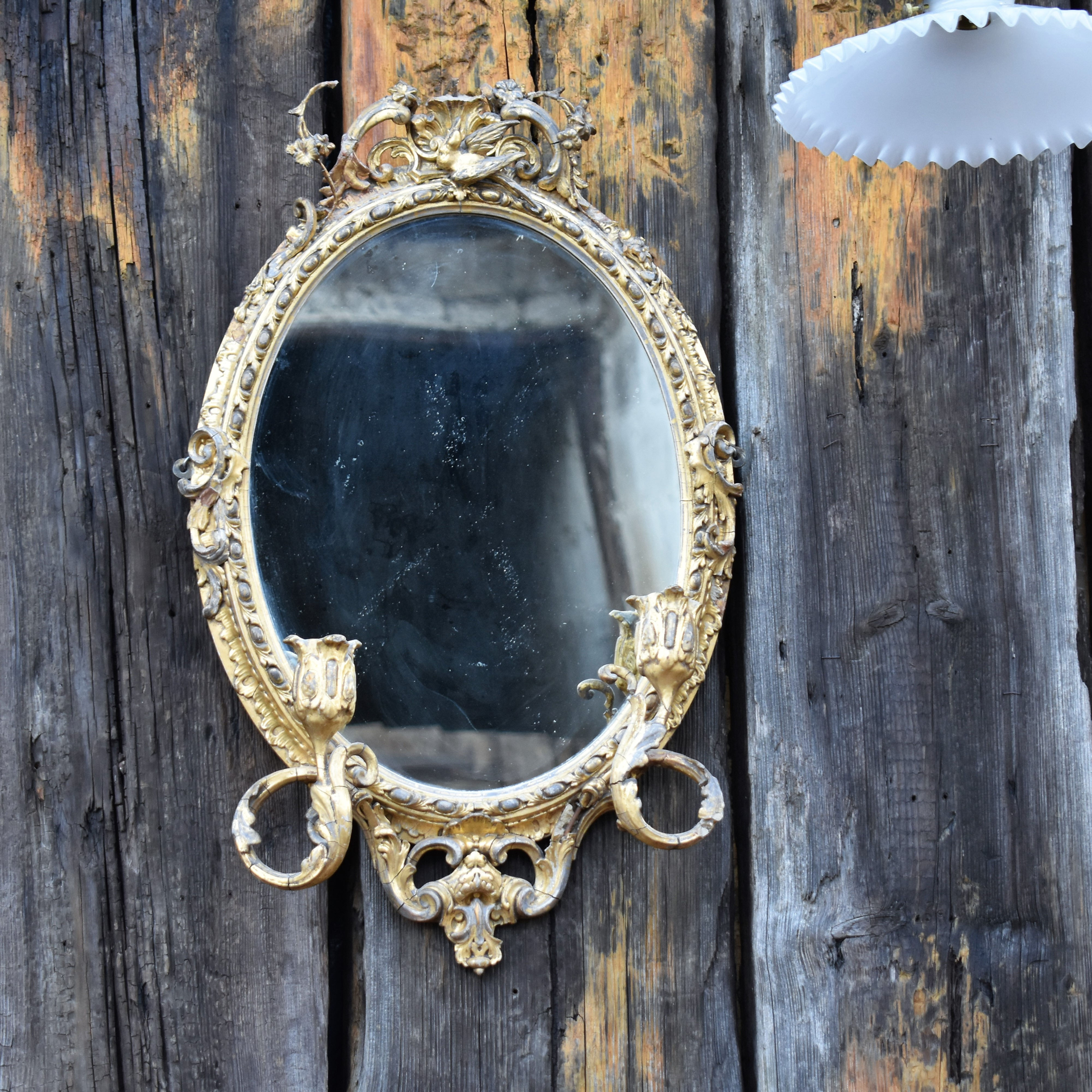 Antique Gilt Gesso Girandole Oval Wall Mirror Double Candle Wall Sconce