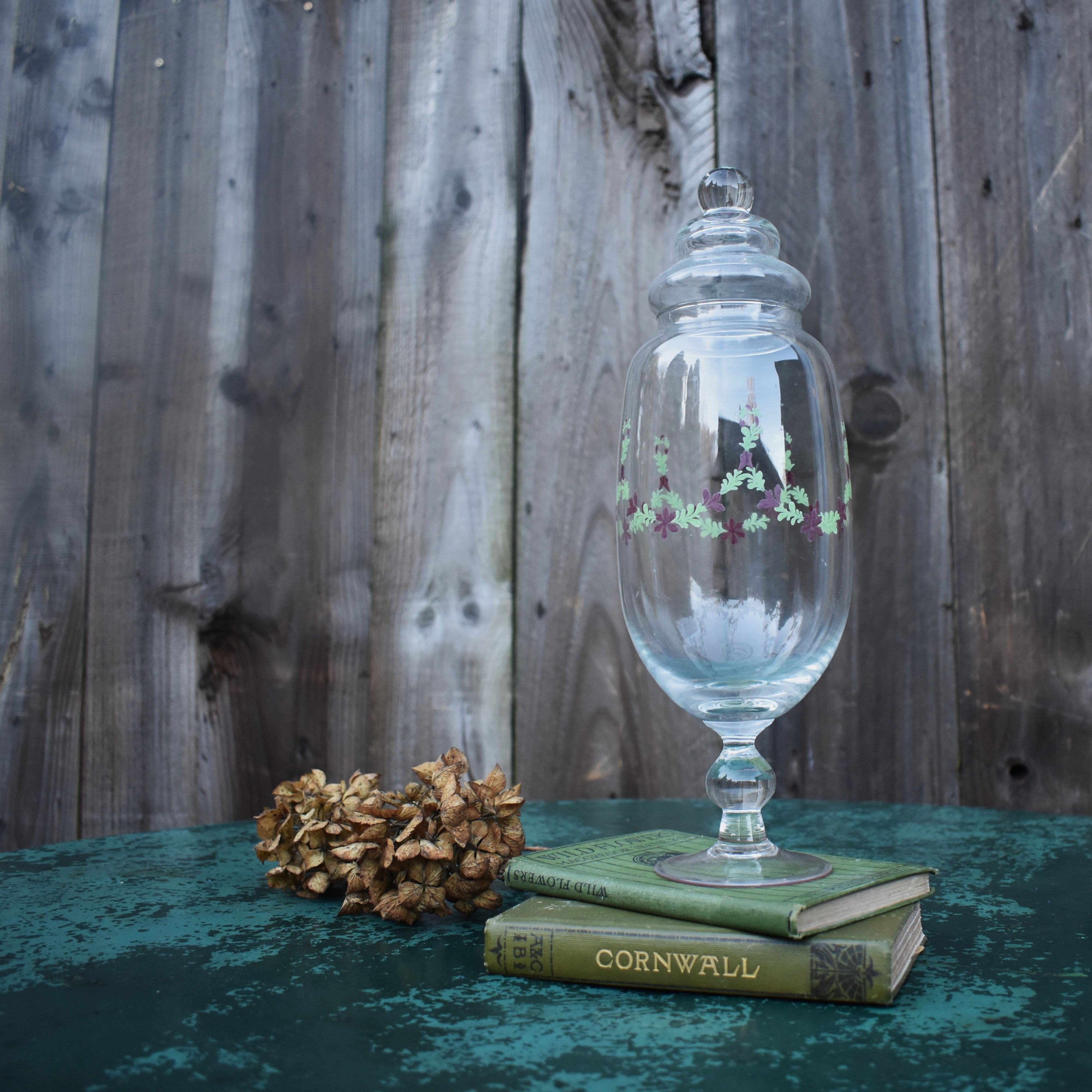 Vintage Hand Painted Glass Apothecary Dressing Bathroom Sweetie Display Urn Jar