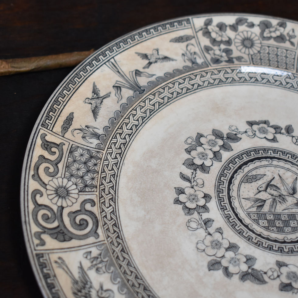 Thumbnail: Antique 1880s Bates Gildea & Walker Black And White Ceramic Pottey Plate Pair