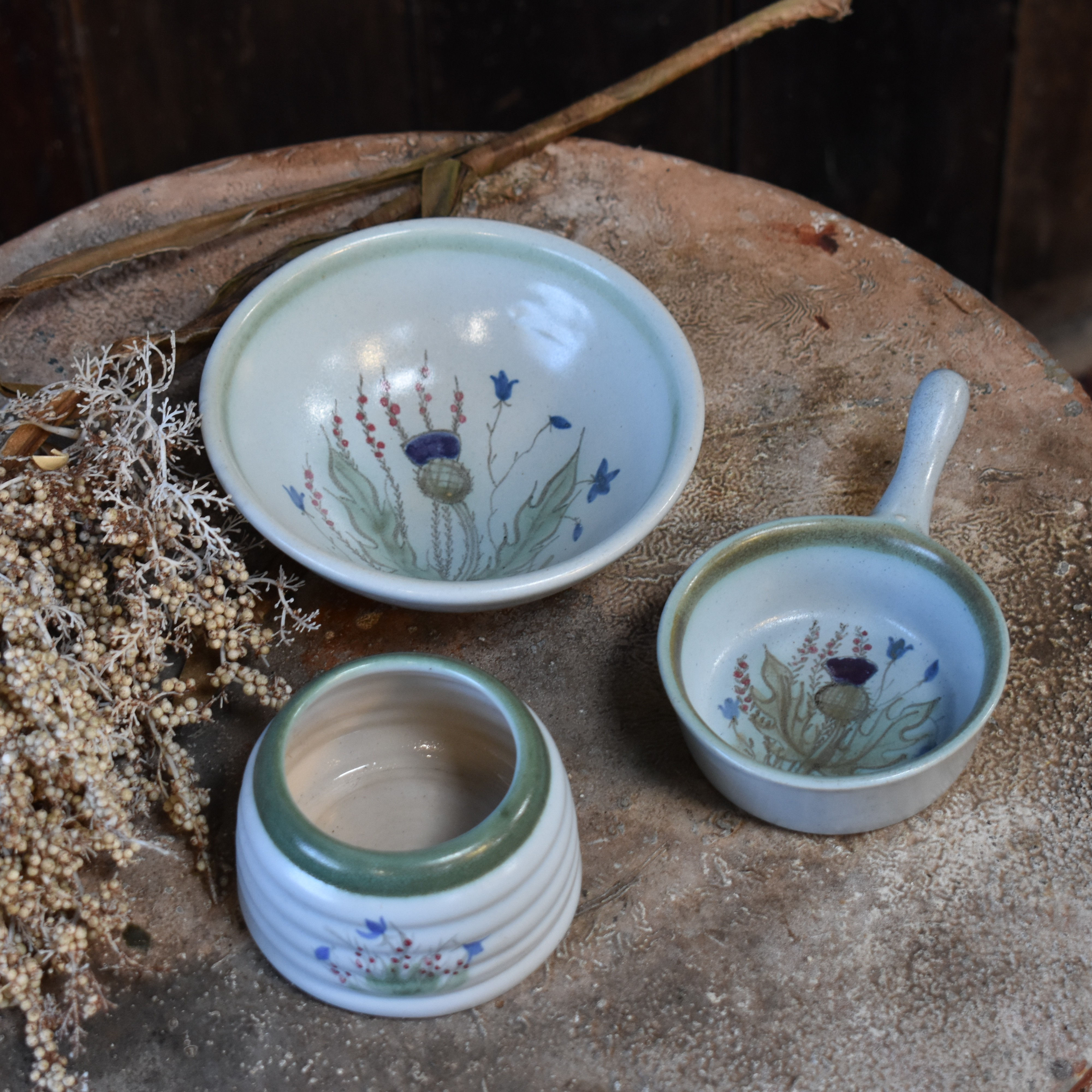 Vintage Buchan Of Scotland Hand Painted Thistle Stoneware Dishes Pot Set of 3