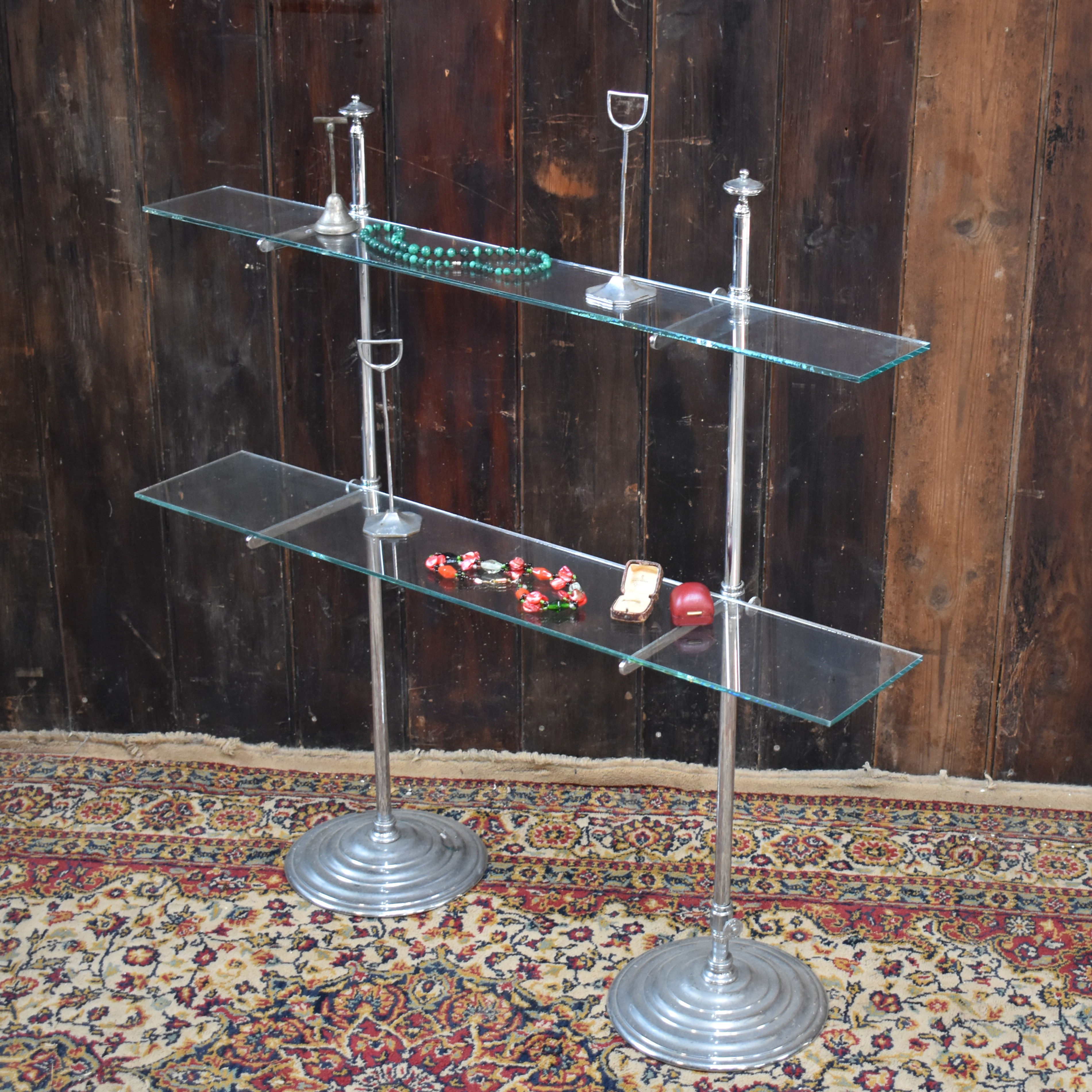Antique Art Deco Chrome Adjustable Free Standing Glass Shop Display Shelves