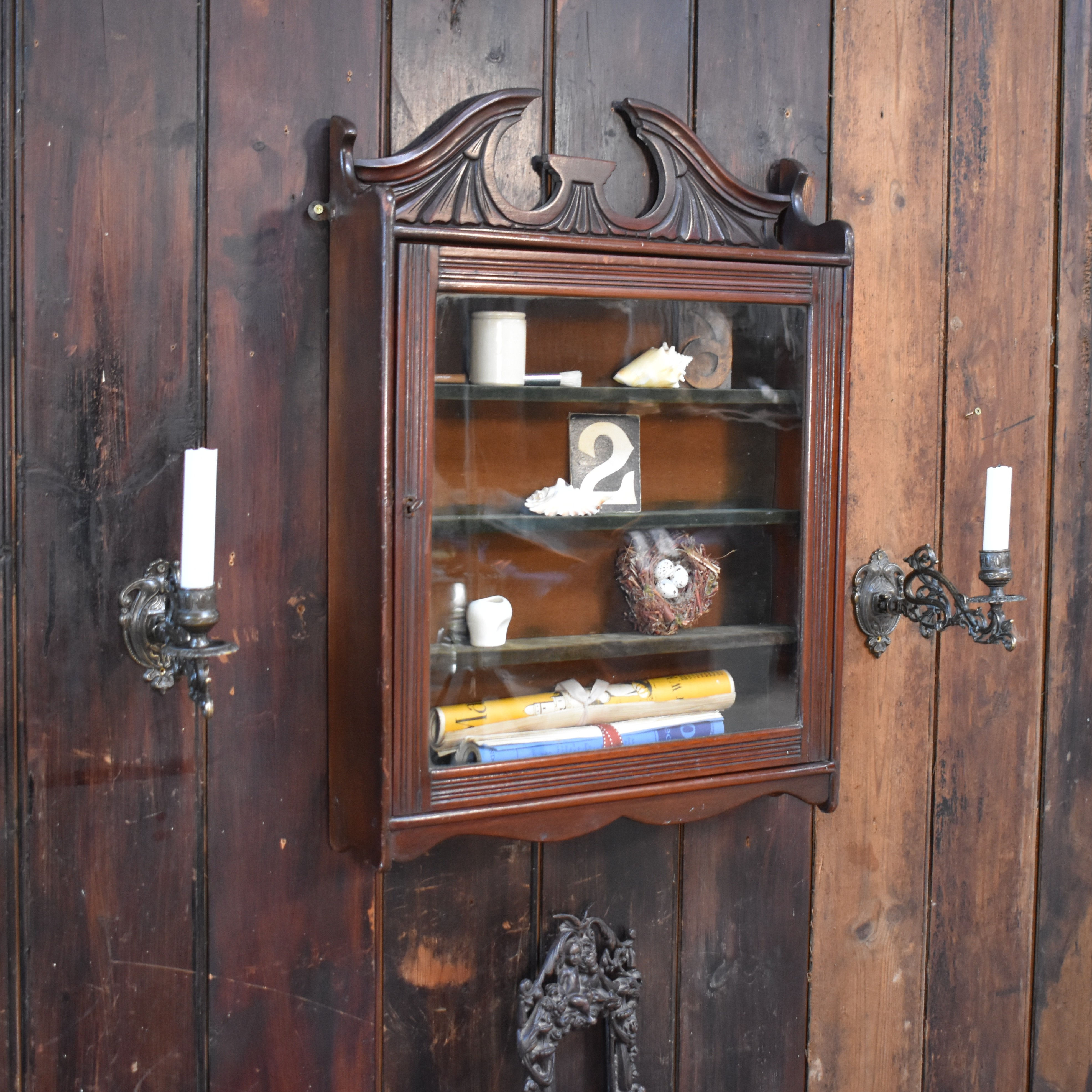 Antique Victorian Mahogany Bathroom Kitchen Spice Glazed Wall Display Cabinet