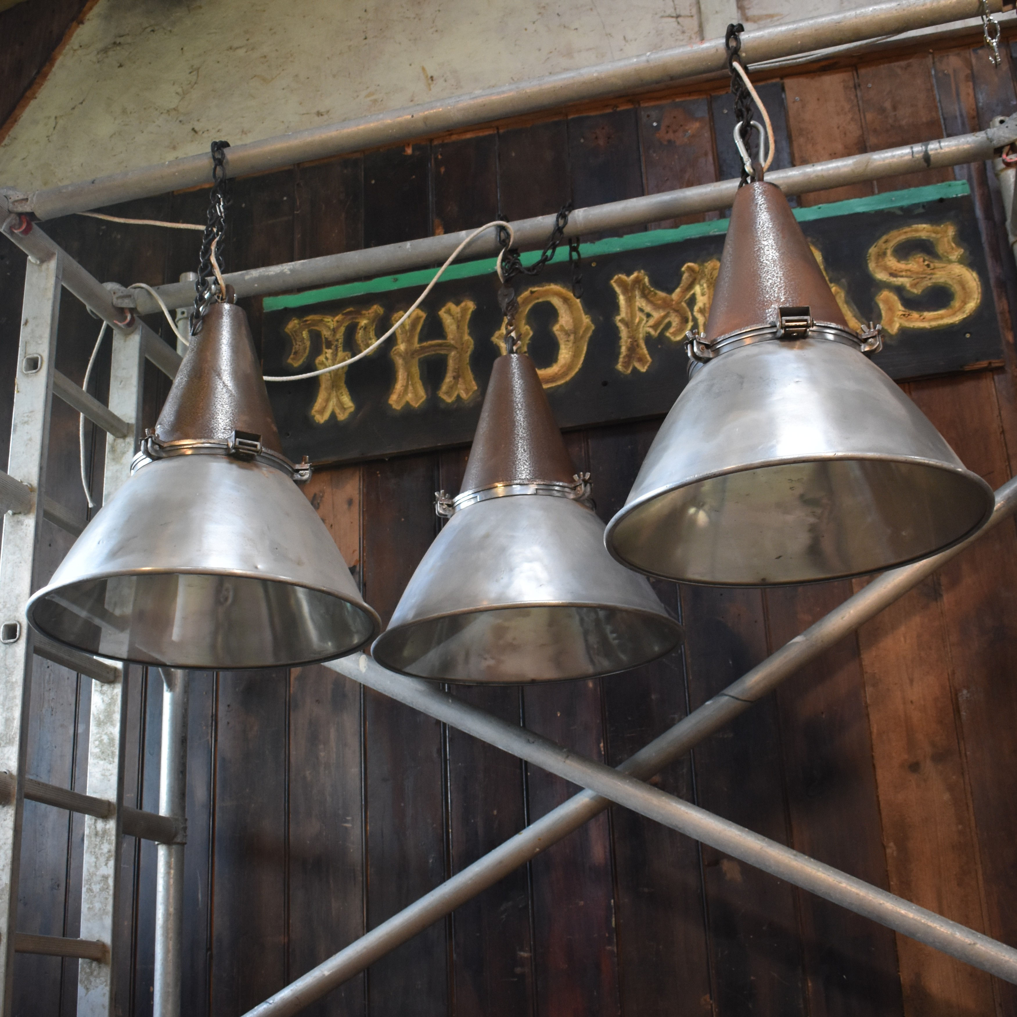 Vintage Huge 51cm German Ship Light Spun Aluminium Cargo Pendant Rewired