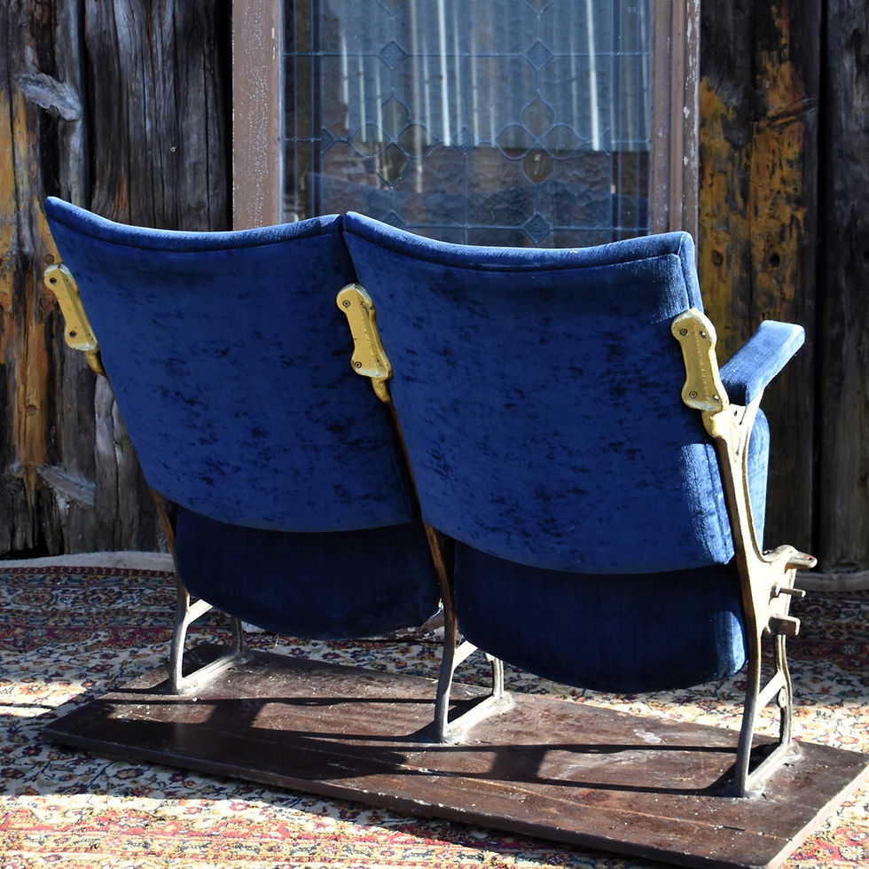 Thumbnail: Antique Original Cast Iron Blue Velvet Cinema Theatre Seats Flip Down Chair Pair