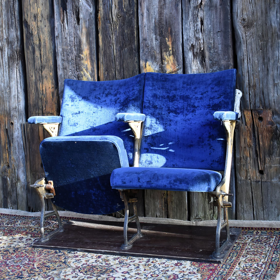 Thumbnail: Antique Original Cast Iron Blue Velvet Cinema Theatre Seats Flip Down Chair Pair