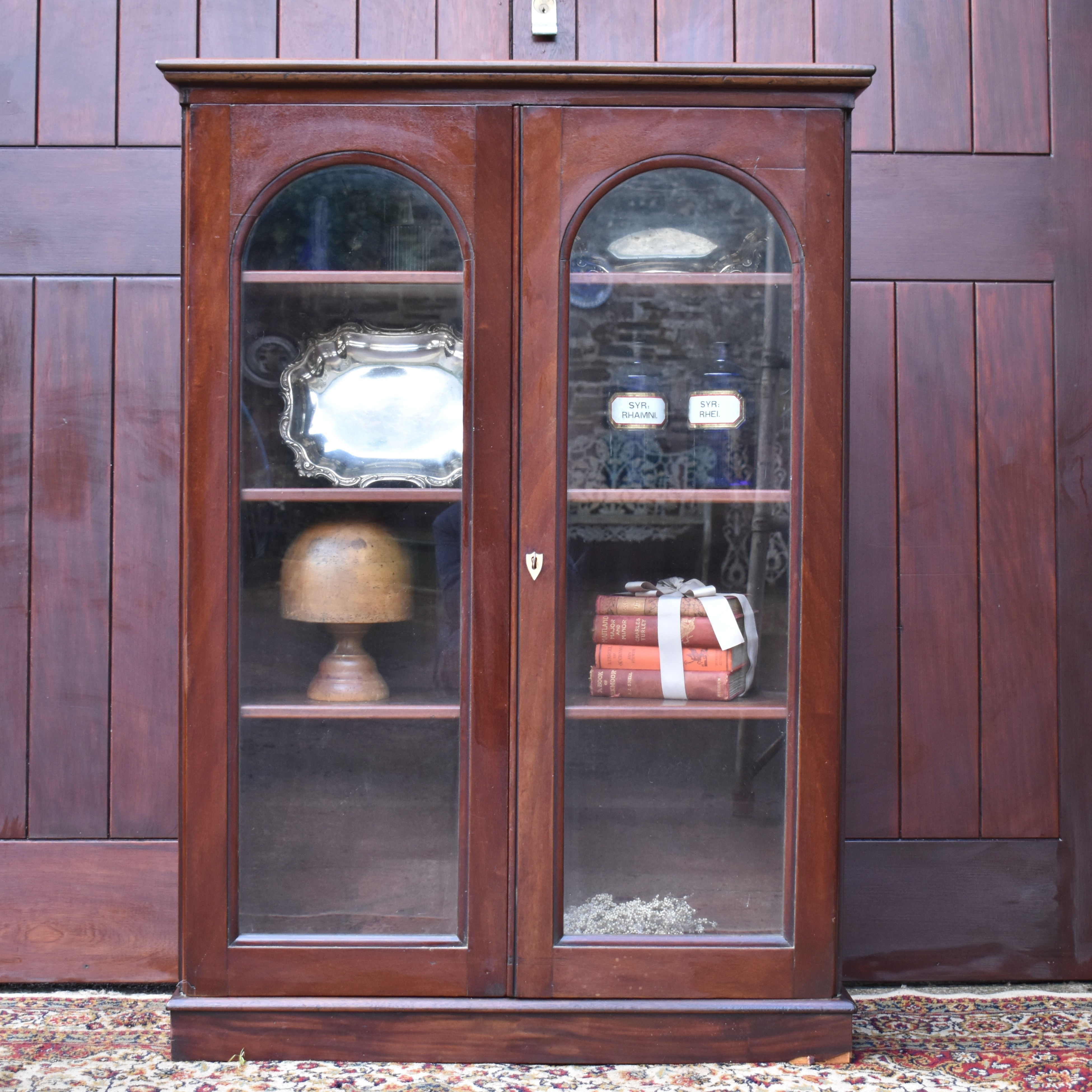 Antique Victorian Mahogany Shop Kitchen Pantry Glazed Display Cabinet Bookcase