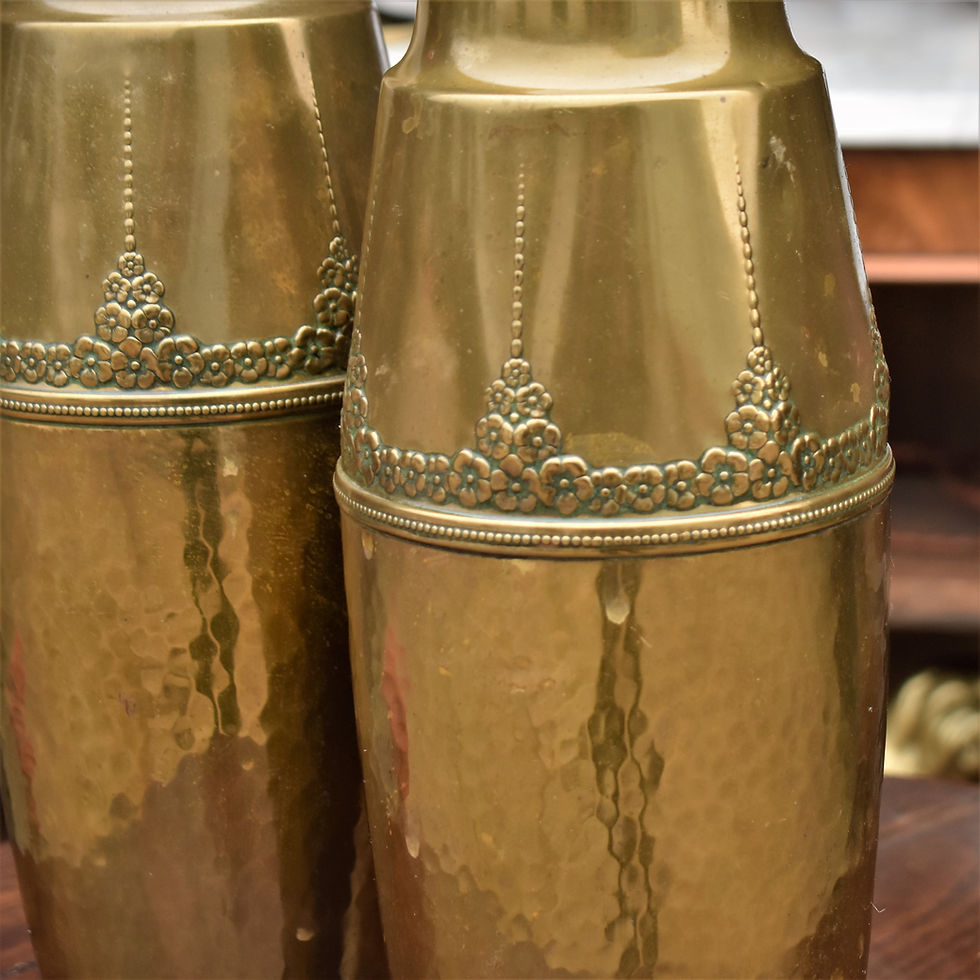 Thumbnail: Antique Rare WMF Brass Repoussé Embossed Jugendstil Art Nouveau Vases Large Pair