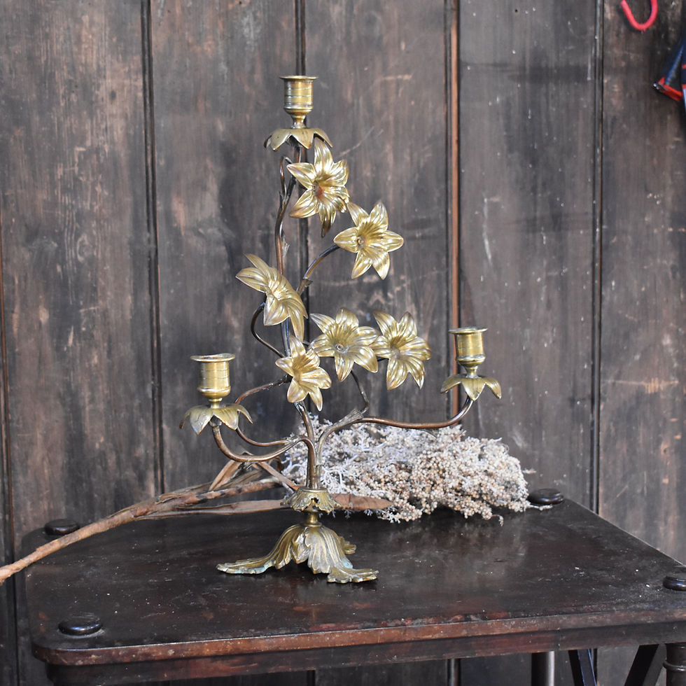 Thumbnail: Antique 19th Century French Gilt Metal Tole Floral Three Arm Church Candelabra