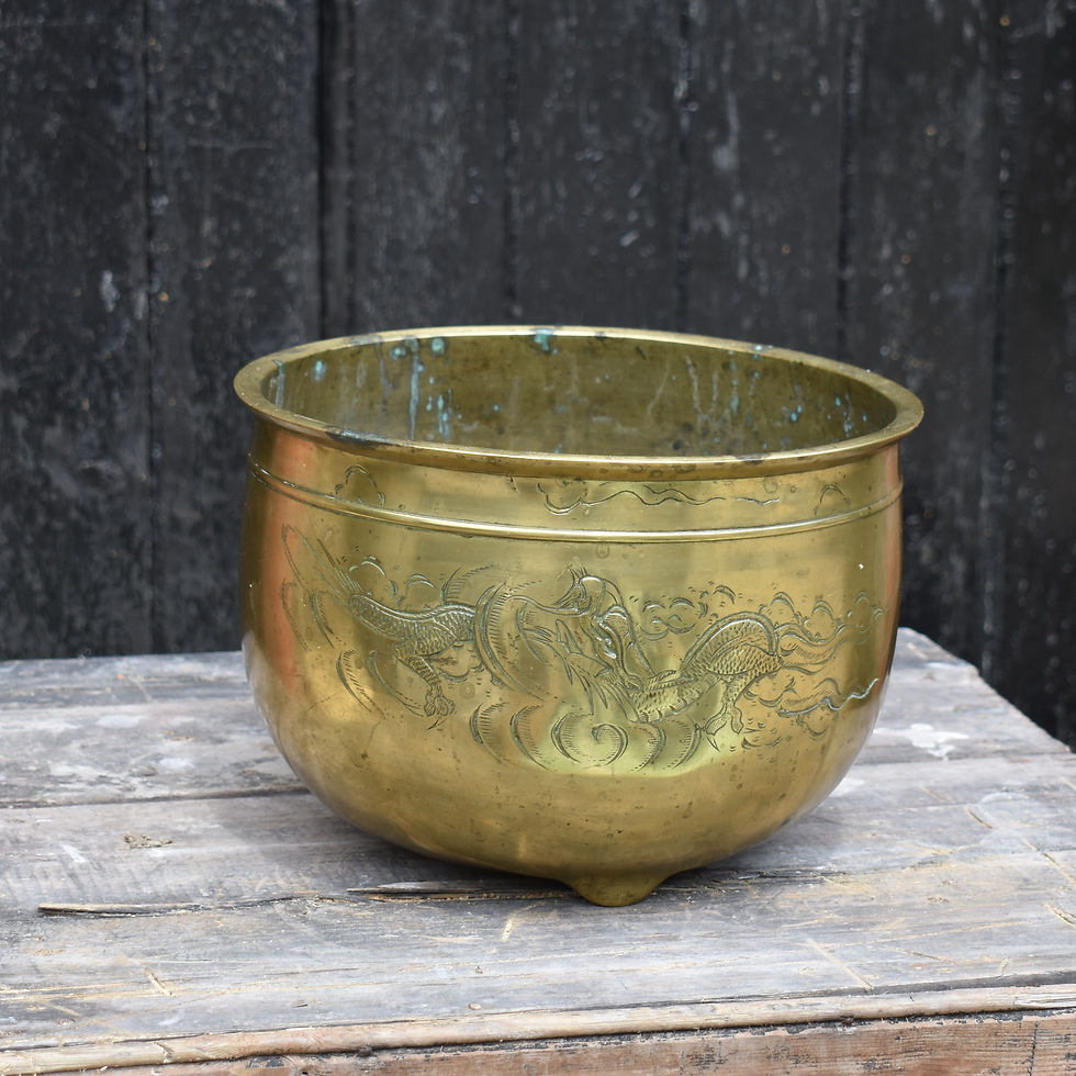 Thumbnail: Vintage Japanese Three Claw Dragon Lucky Etched Brass Planter Footed Bowl