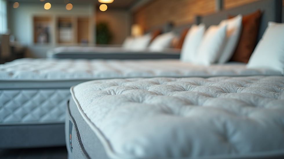 Eye-level view of a variety of mattresses displayed in a showroom