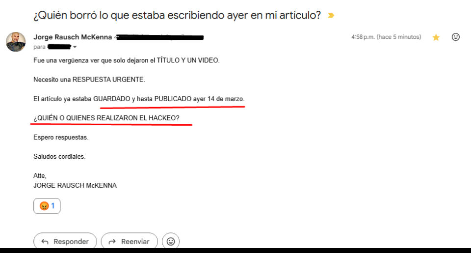 Espero que en el transcurso de esta jornada las autoridades de la plataforma que he contratado desde hace muchos años responda mi requerimiento. Técnicos informáticos me han dicho que un borrado parcial así tan grotesco y dirigido hacia mis opiniones, no es muy común. Tampoco una falla técnica de ese tipo y más con los TAGs que siguieron vigentes.