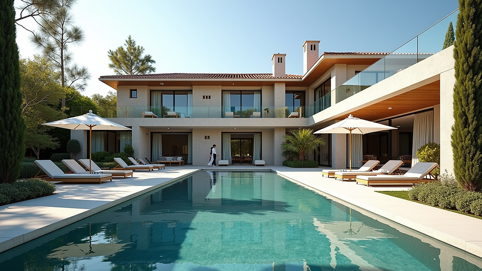 Eye-level view of luxury villa exterior with Mediterranean architecture