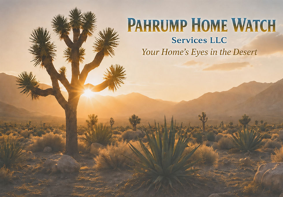 Pahrump home watch serices logo over a desert sunset