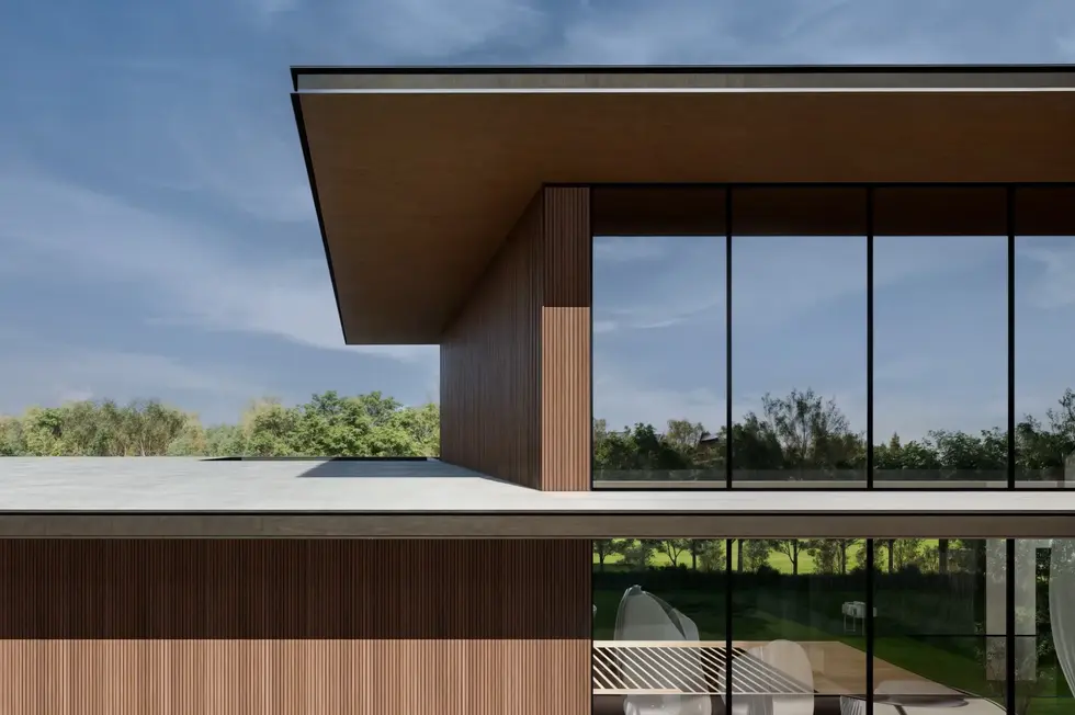 From Within Residence – Detail of wooden louver facade and material texture, Big Sur home
