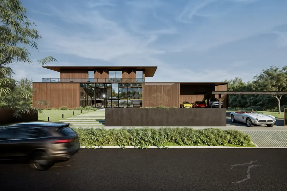 From Within Residence – Forest house exterior with wooden louvers and concrete, Big Sur