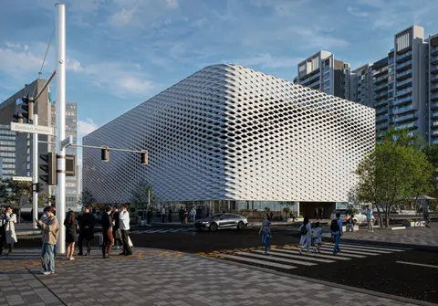 Flux Parking – General view of parametric aluminum panel facade on multi-level parking structure, Vidastudio