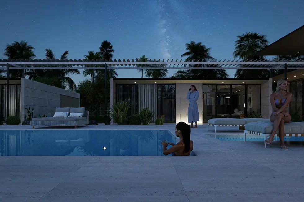 The Palm Compound – Modern villa exterior with natural travertine and private garden, Vidastudio