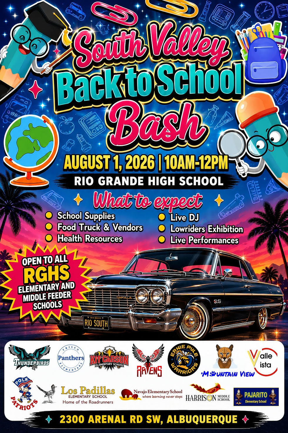Colorful flyer for South Valley Back to School Bash at Rio Grande High School, Aug. 1, 2026 from 10am to 12pm.