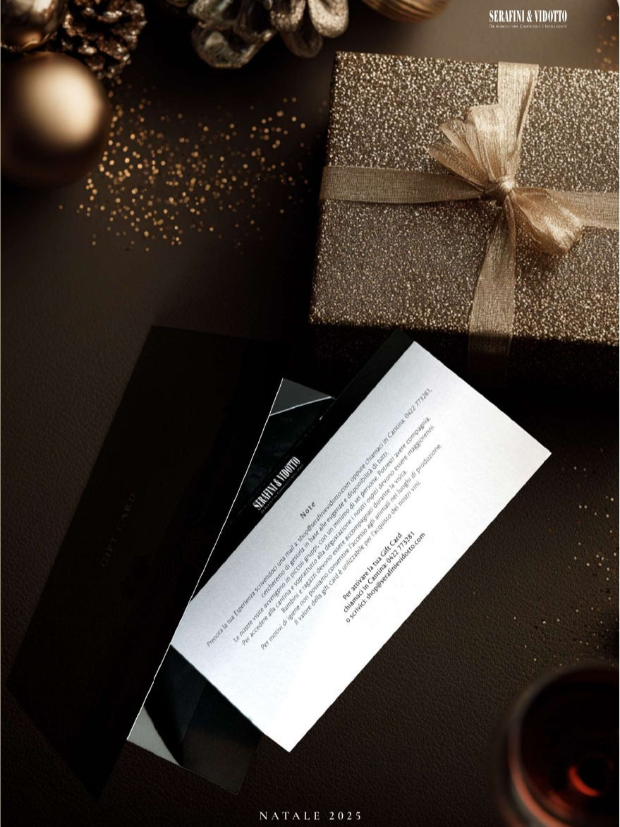 gift card Serafini & Vidotto su sfondo natalizio con pacco regalo con oro