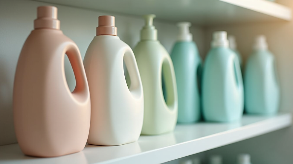 Close-up view of eco-friendly laundry detergent bottles on a shelf