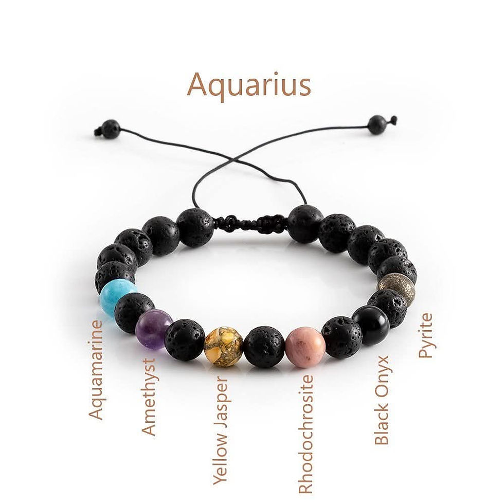 Aquarius birthstone bracelet with real gemstones and lava beads on white background