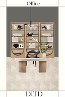 Modern office design with wooden shelves filled with books and ornaments, a light stone table, black chair, and a large plant