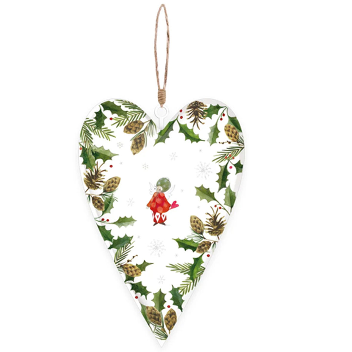 Weißes Dekoherz mit kleinem Weihnachtsengel, grünen Stechpalmenblättern, Tannenzweigen, Zapfen und Aufhängeband.