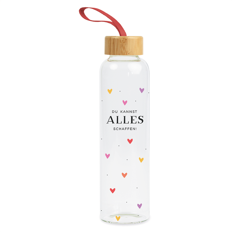 Glas-Trinkflasche mit Schriftzug „Du kannst alles schaffen!“ und bunten Herzen