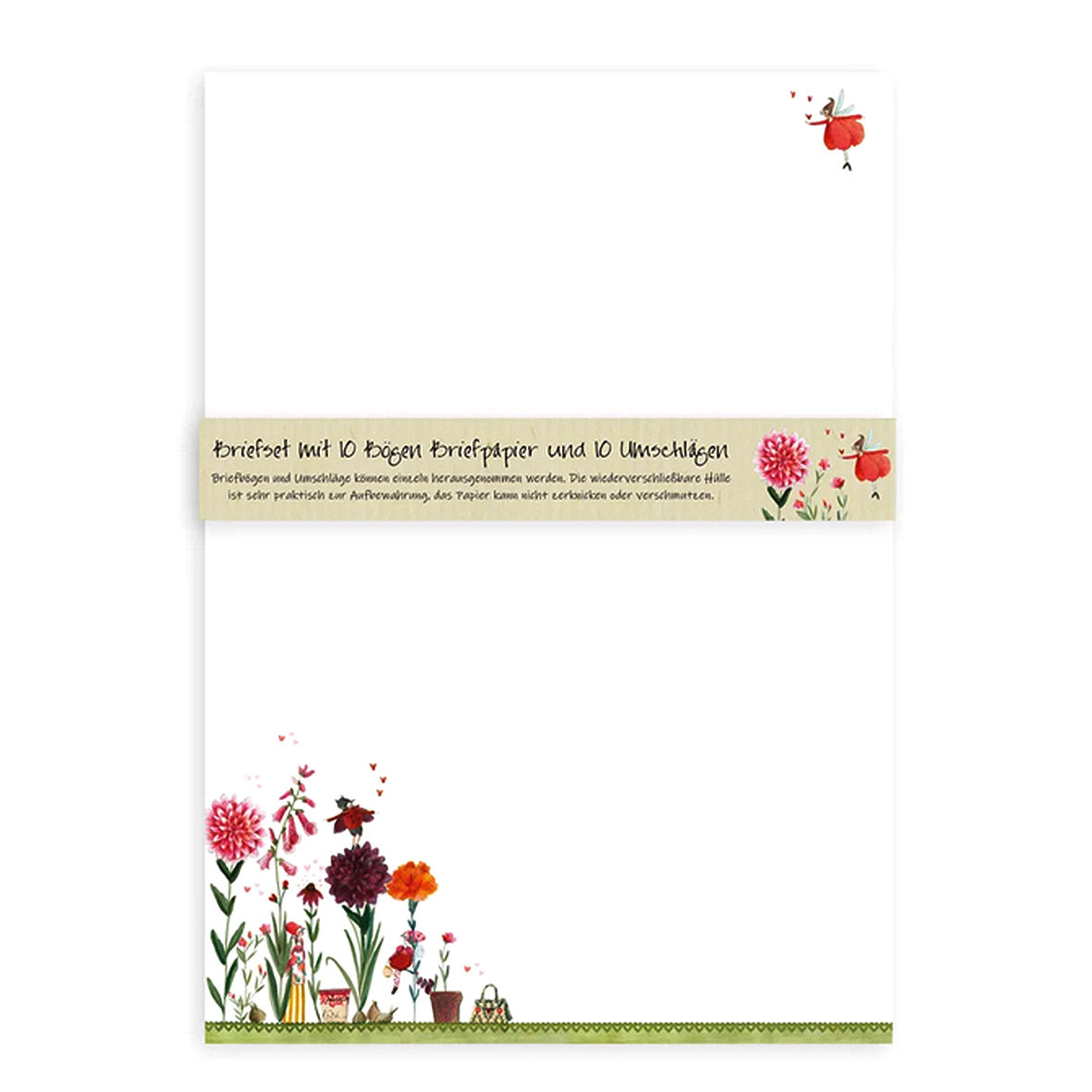 Briefpapier mit bunter Blumenwiese am unteren Rand, dazwischen kleine Gartendetails und liebevolle florale Illustrationen.