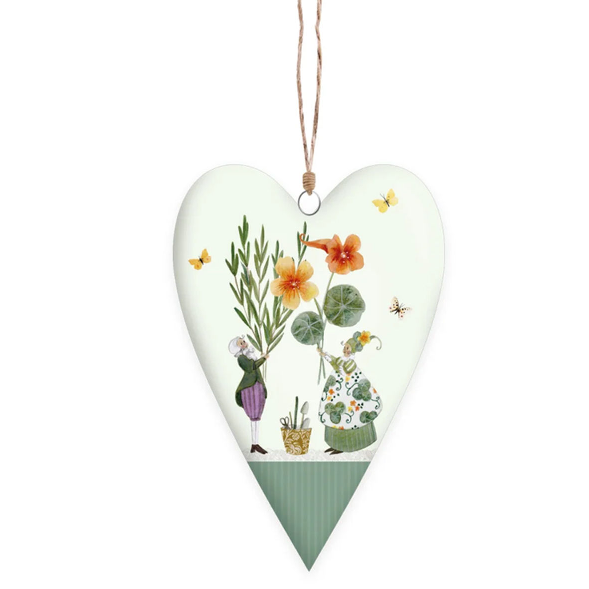 Hellgrünes Dekoherz mit zwei kleinen Figuren, grünen Kräutern, orangefarbenen Blüten, Schmetterlingen und Aufhängeband.