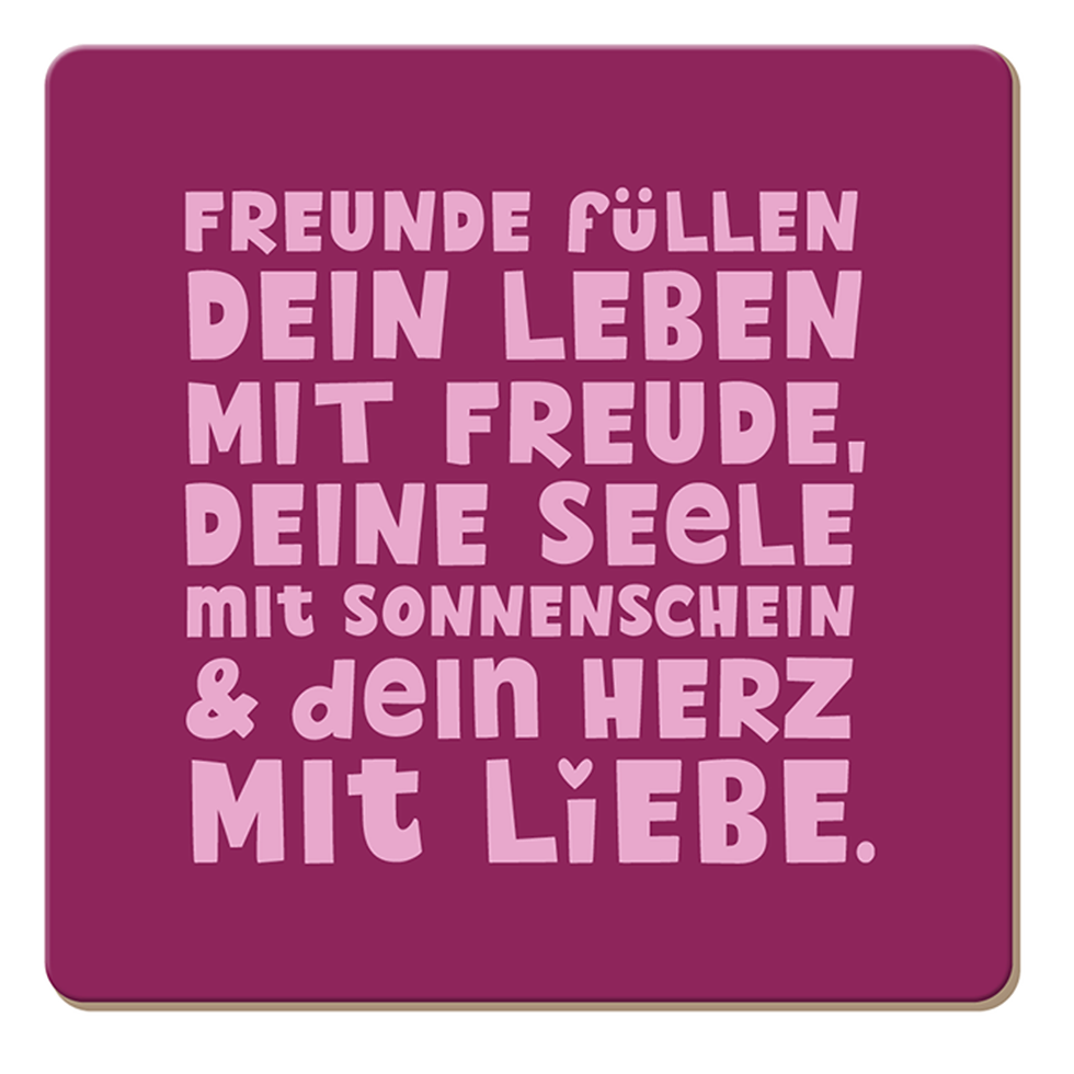 Quadratischer pinker Korkuntersetzer mit Spruch über Freundschaft, Freude und Liebe
