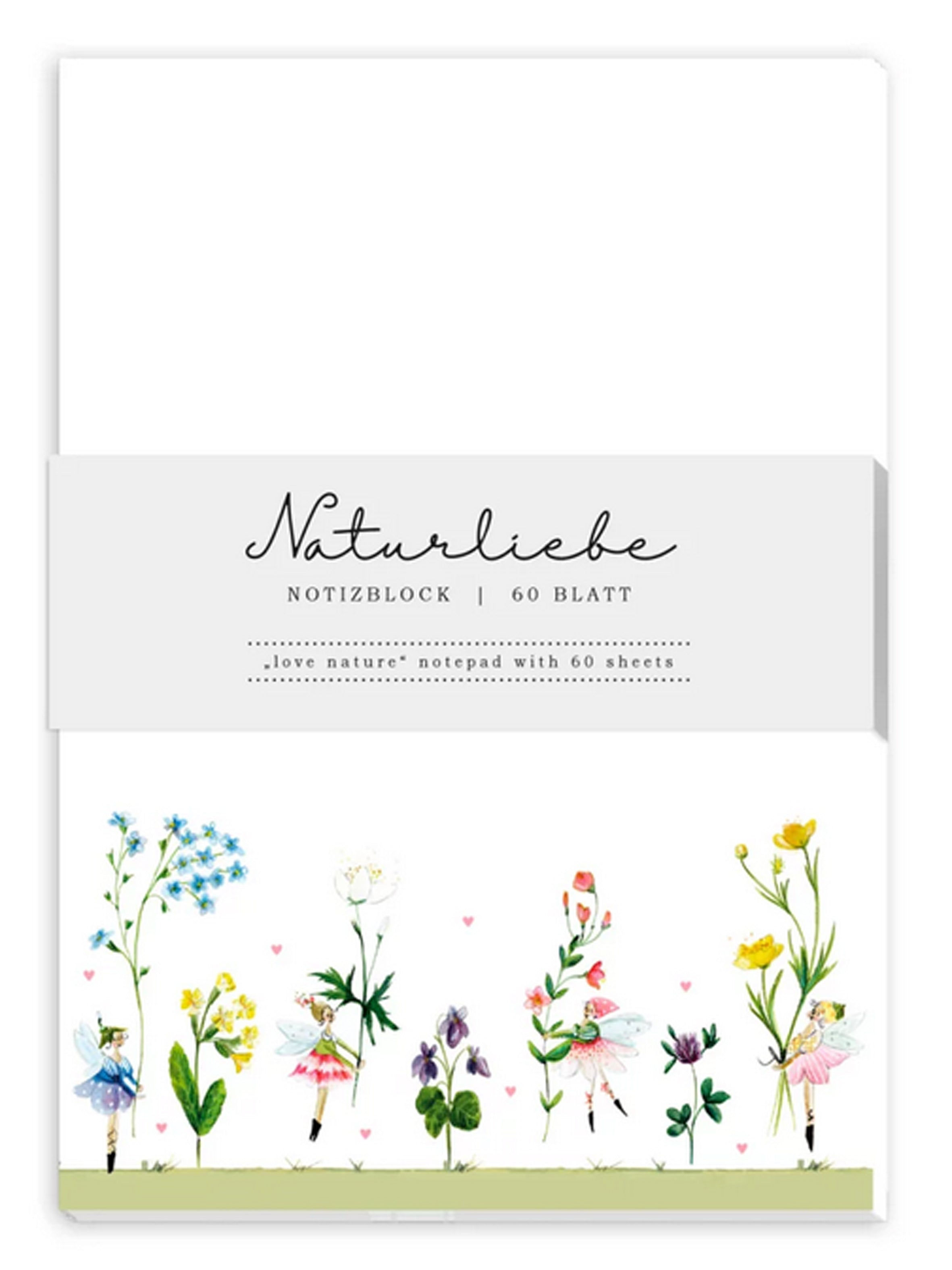 Naturinspirierter Notizblock mit zarten Wildblumen in verschiedenen Farben und dem Schriftzug „NaturLiebe“.
