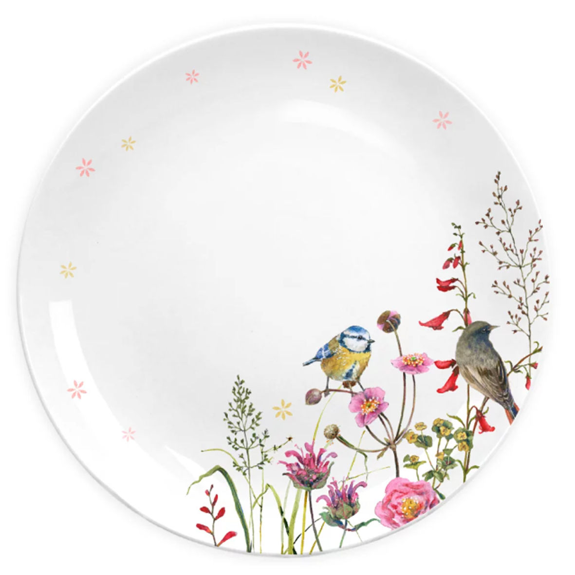 Porzellanteller mit Vogel- und Blumenmotiv in zarten Farben