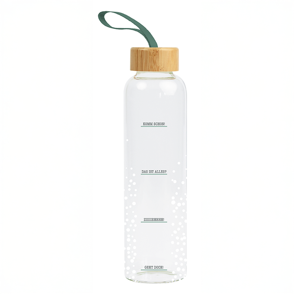 Rückseite der Glas-Trinkflasche mit Füllstandsmarkierungen und grüner Griffschlaufe