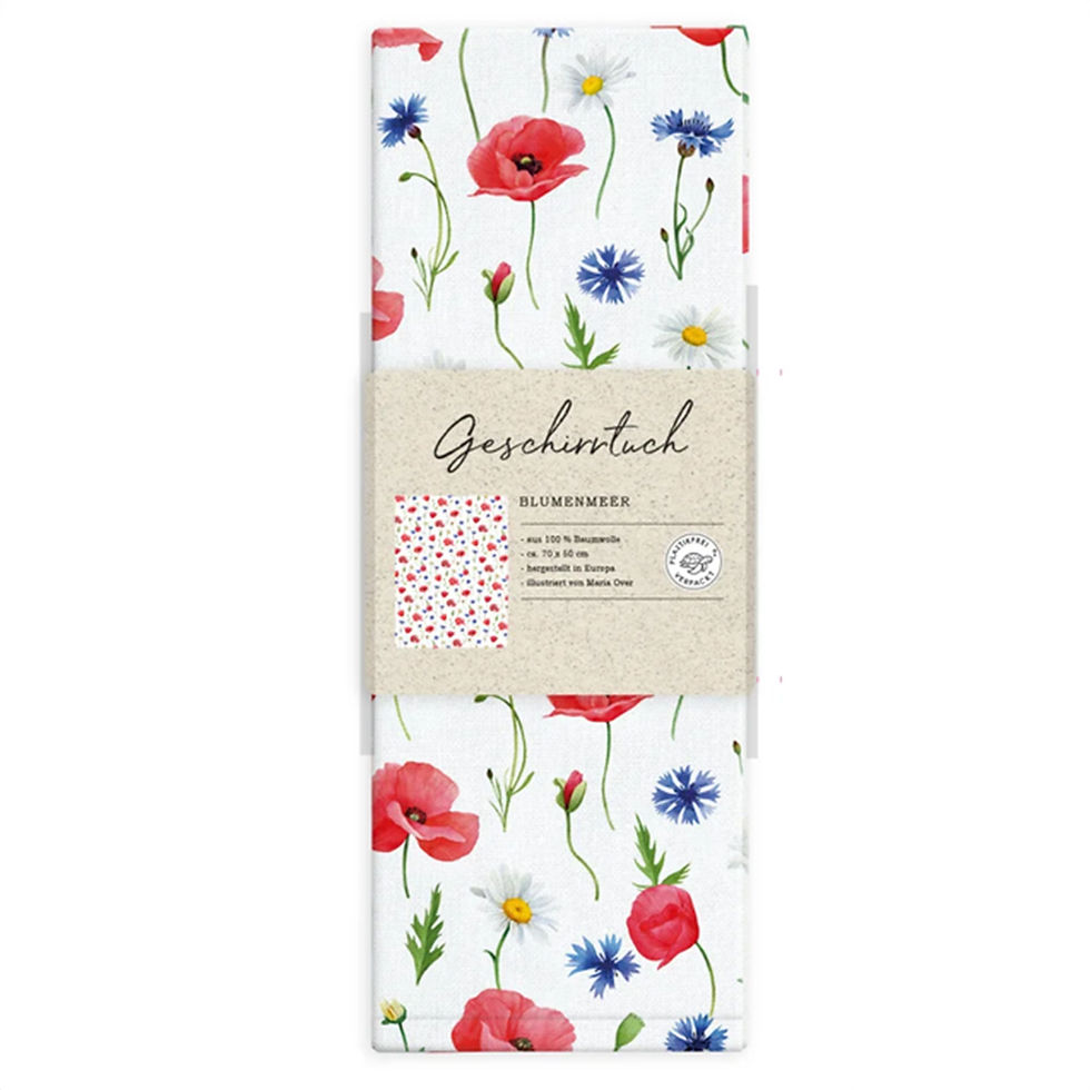 Geschirrtuch Blumenmeer mit Papierbanderole, Mohn-,Kornblumen, Margeriten