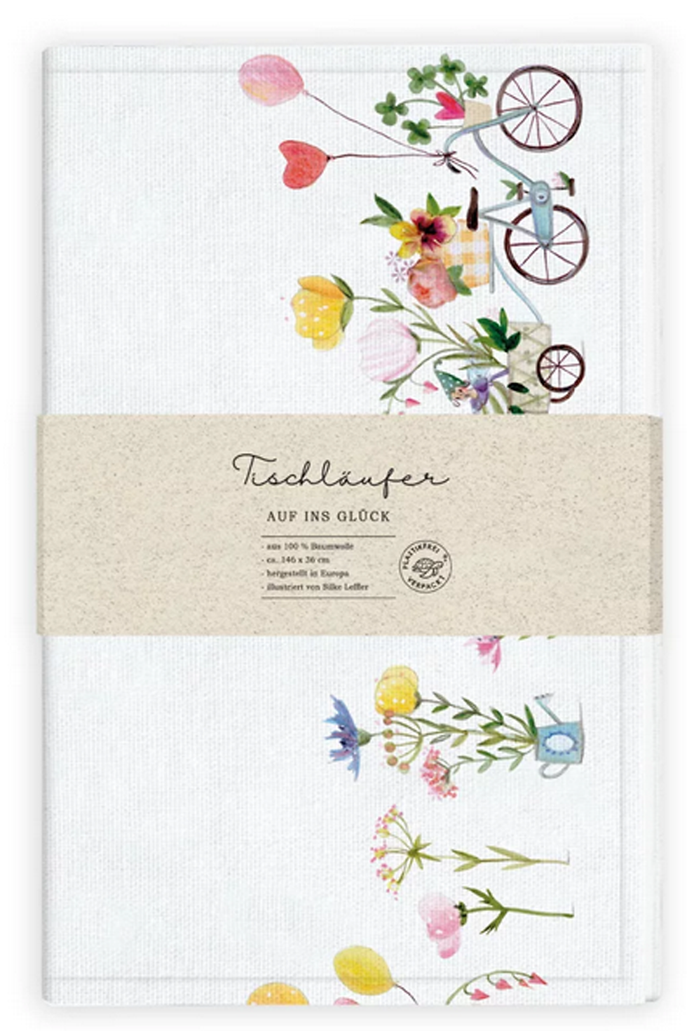 Tischläufer mit Blumen- und Fahrradmotiv: "Tischläufer" steht auf der Verpackung.