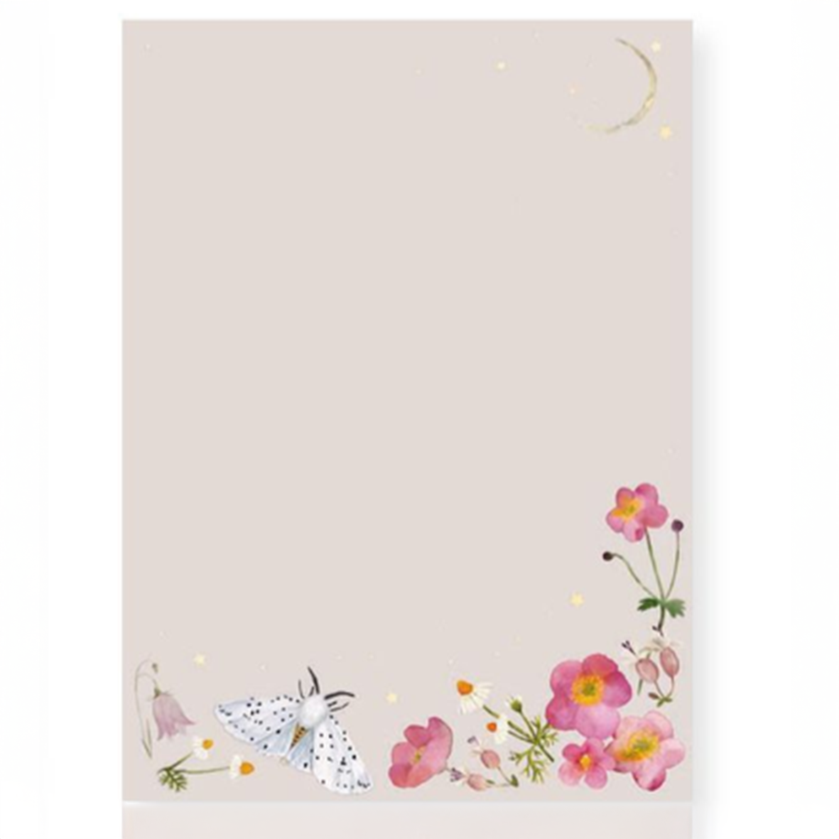 Roséfarbenes Briefpapier mit pinken Blumen, Schmetterling, Mond und kleinen Sternen