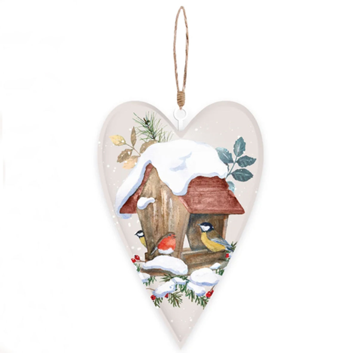 Herzförmiger Dekoanhänger mit verschneitem Vogelhaus, Rotkehlchen, Meisen, winterlichen Zweigen und Aufhängeband.