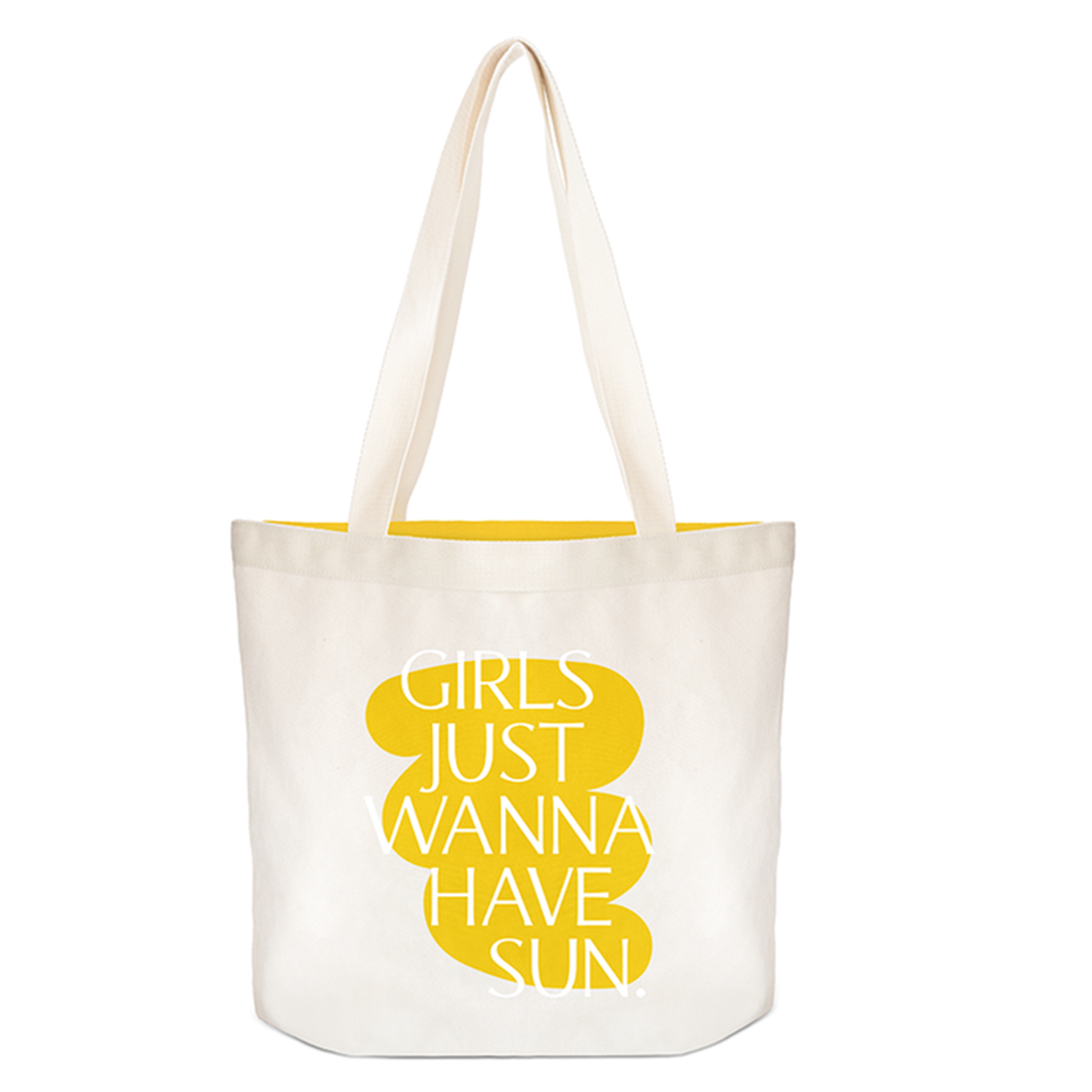 Cremefarbener Canvas Shopper mit gelbem Motiv und Schriftzug „Girls Just Wanna Have Sun“