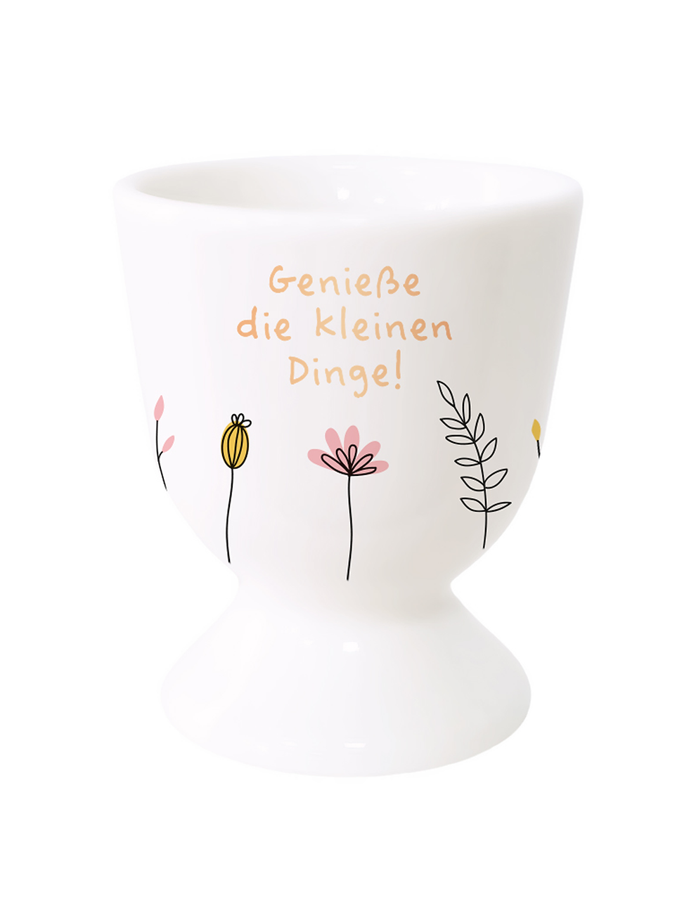 Weiße Eierbecher mit Blumen und dem Spruch "Genieße die kleinen Dinge!"