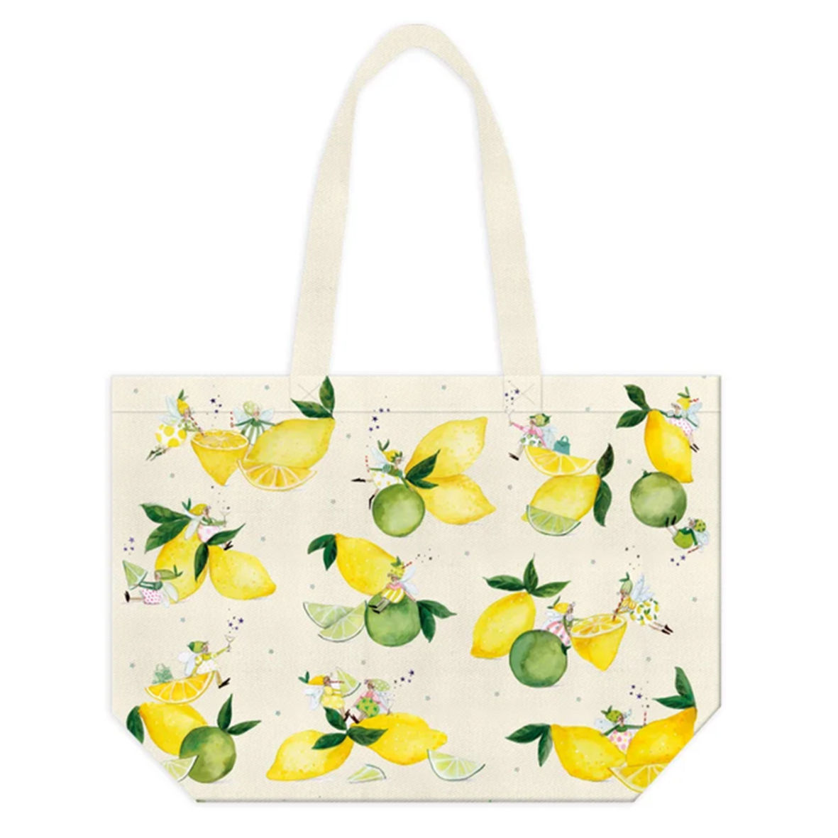 Cremefarbener Baumwoll-Shopper mit Zitronen, Limetten und kleinen verspielten Figuren.