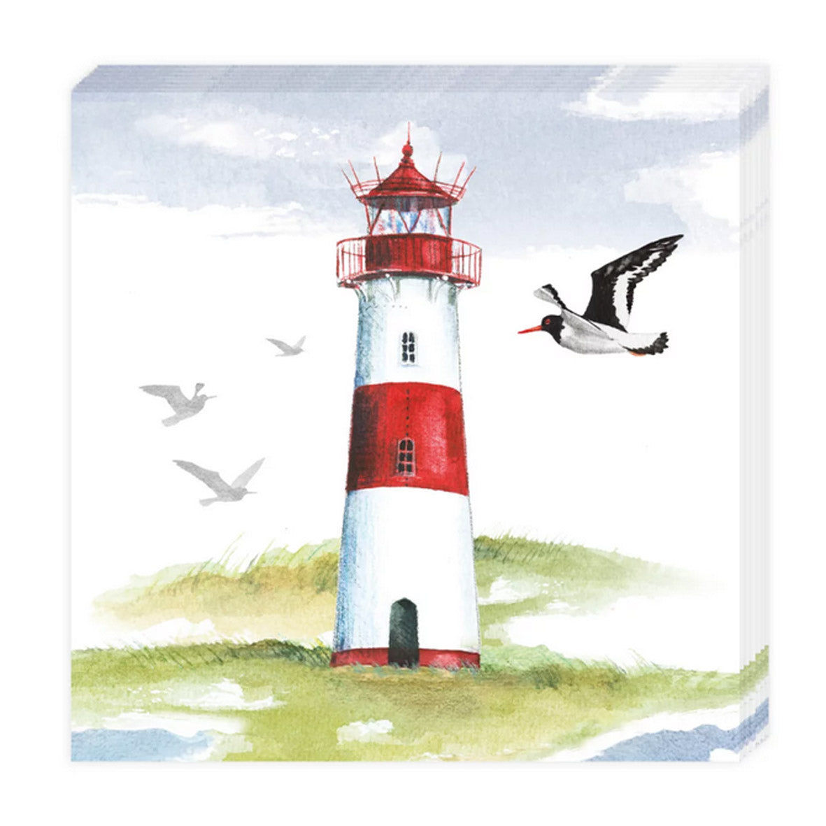 Cocktailserviette mit Dünenlandschaft und weiß-roten Leuchtturm. Mehrere Möwen sind im Hintergrund zu sehen, eine große Möwe fliegt im Vordergrund vorbei.