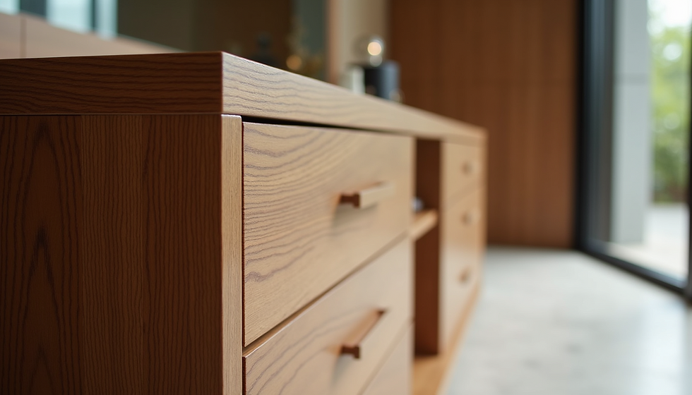 Close-up of a wooden dresser with smooth grain patterns in a bright room. The background features a large window and a blurred garden view. Courtesy of The Revealry, London.
