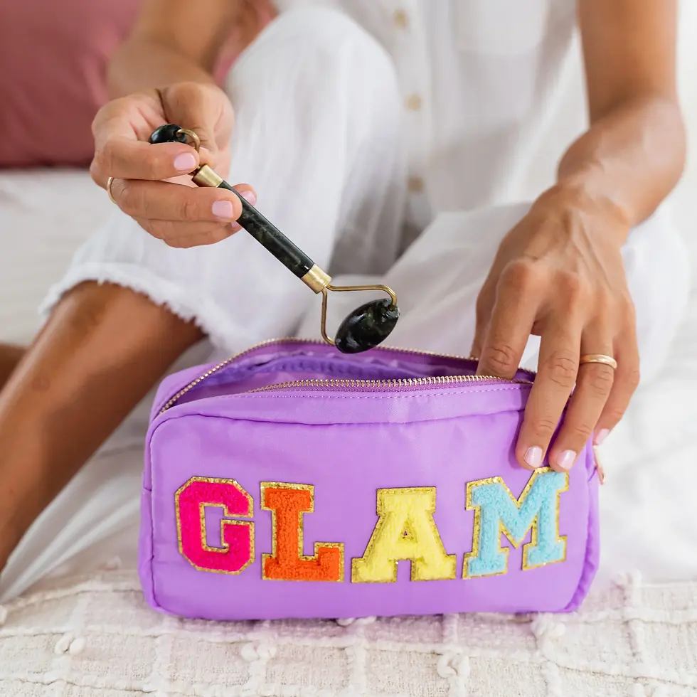 Thumbnail: Nylon Chenille Letter Travel Makeup Pouch - GLAM