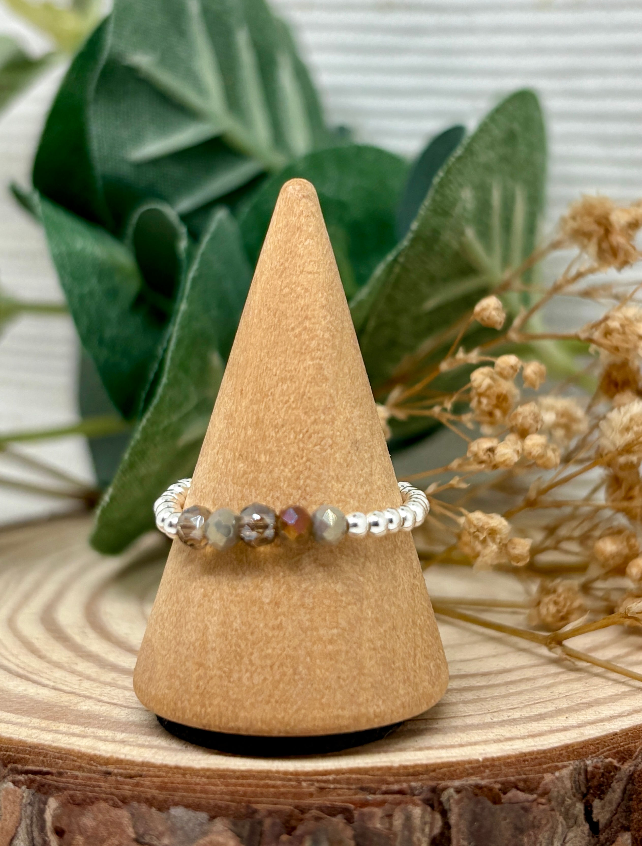 Light Grey Faceted Glass Bead Ring - 925 Sterling Silver