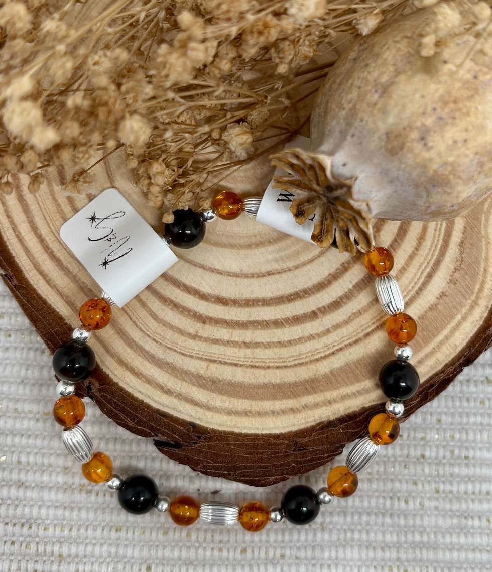 Thumbnail: Black Obsidian & Real Amber Oval Bead Bracelet - 925 Sterling Silver