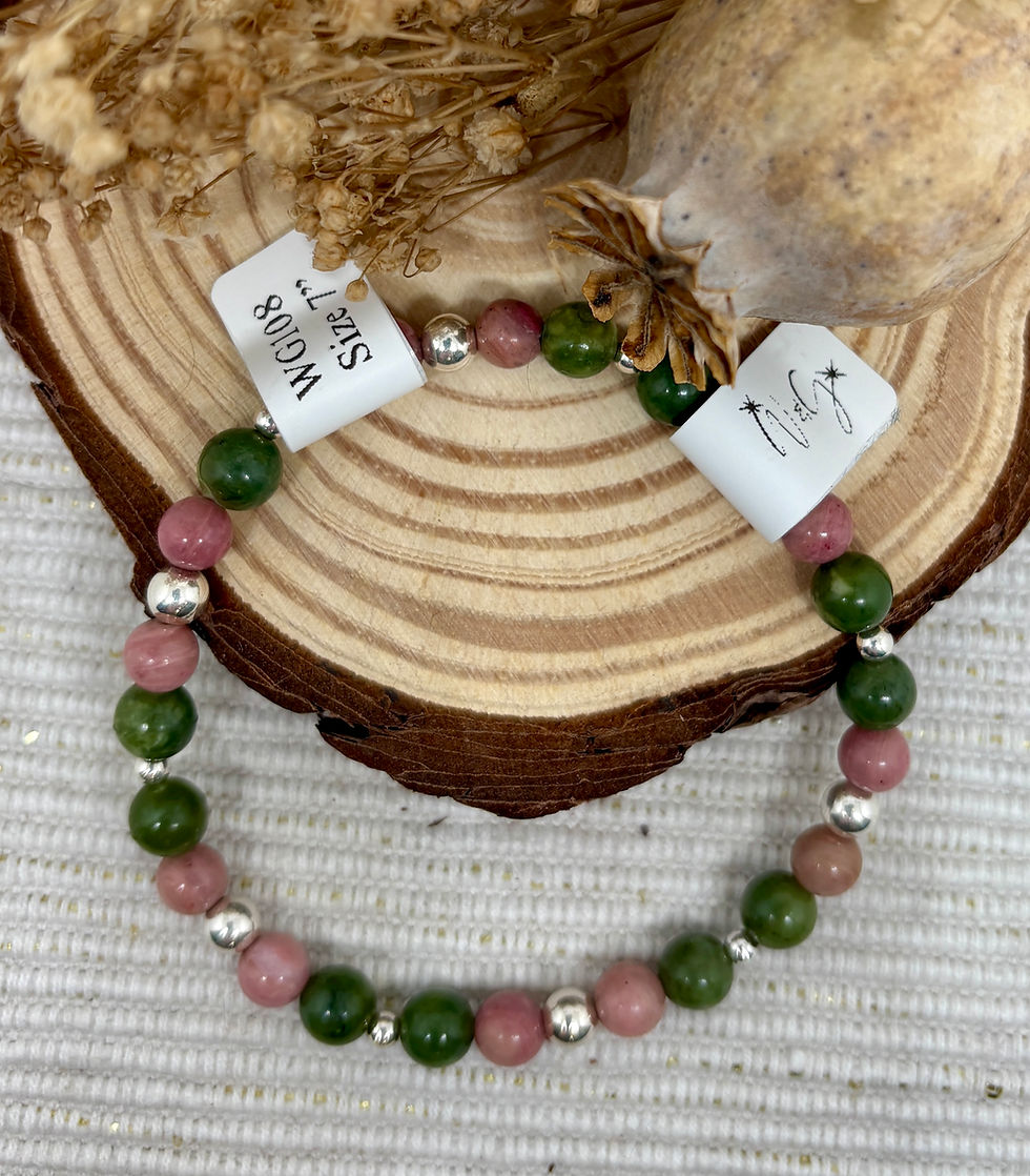 Thumbnail: Jade & Rhodonite Bead Bracelet - 925 Sterling Silver
