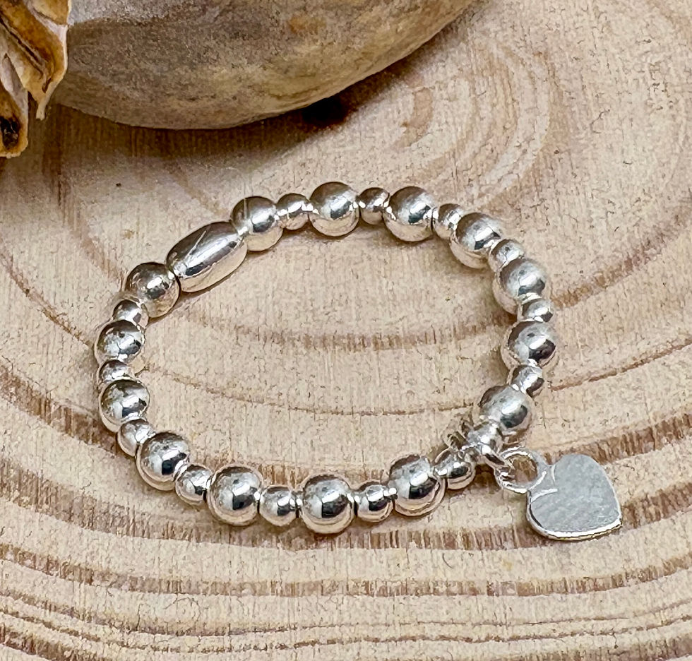 Thumbnail: "Allegra" Round Bead, Mini Heart Charm Ring - 925 Sterling Silver