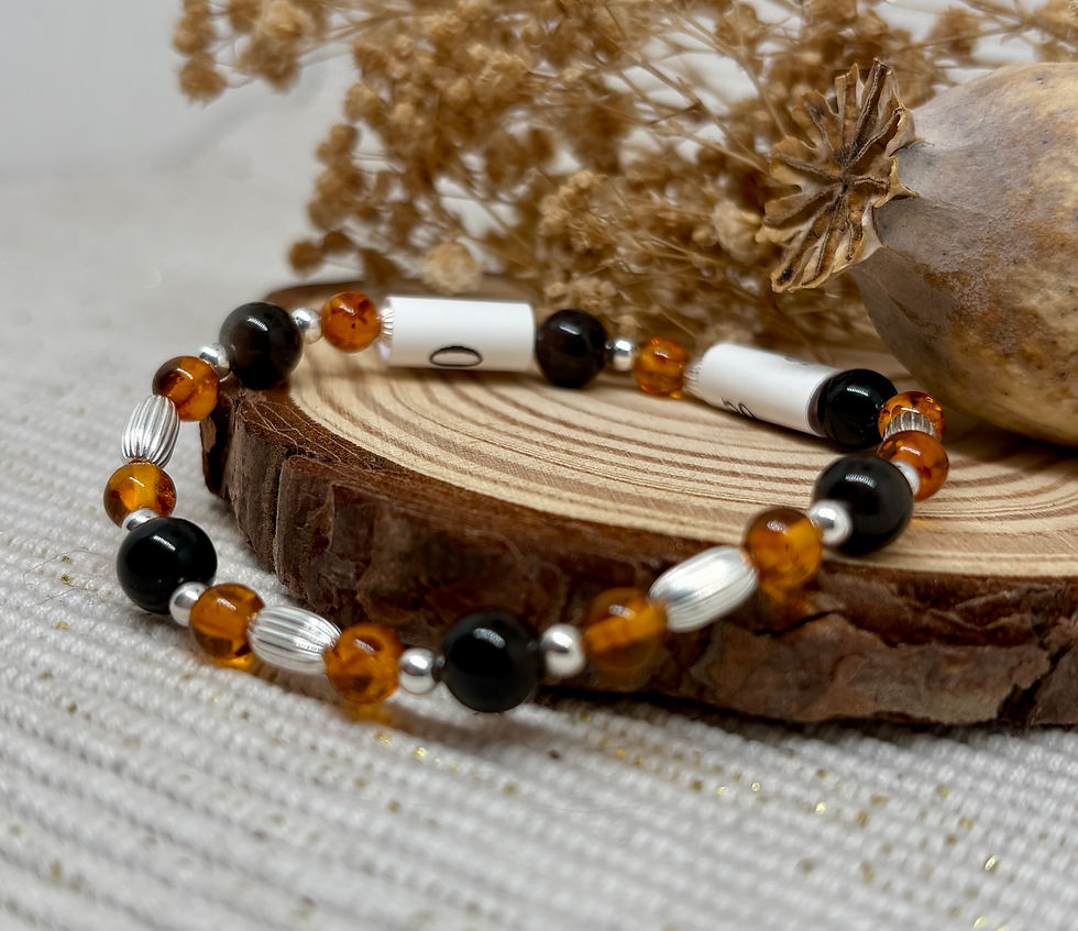 Thumbnail: Black Obsidian & Real Amber Oval Bead Bracelet - 925 Sterling Silver