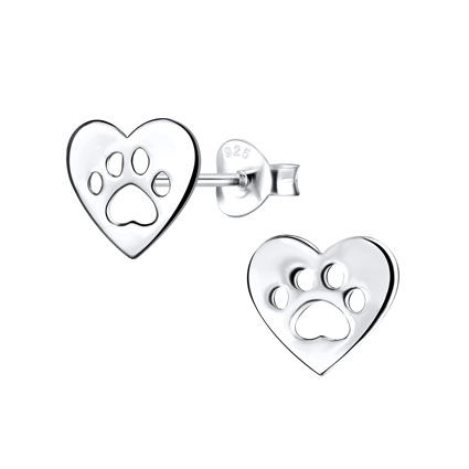 Paw in Heart Stud Earrings - 925 Sterling Silver